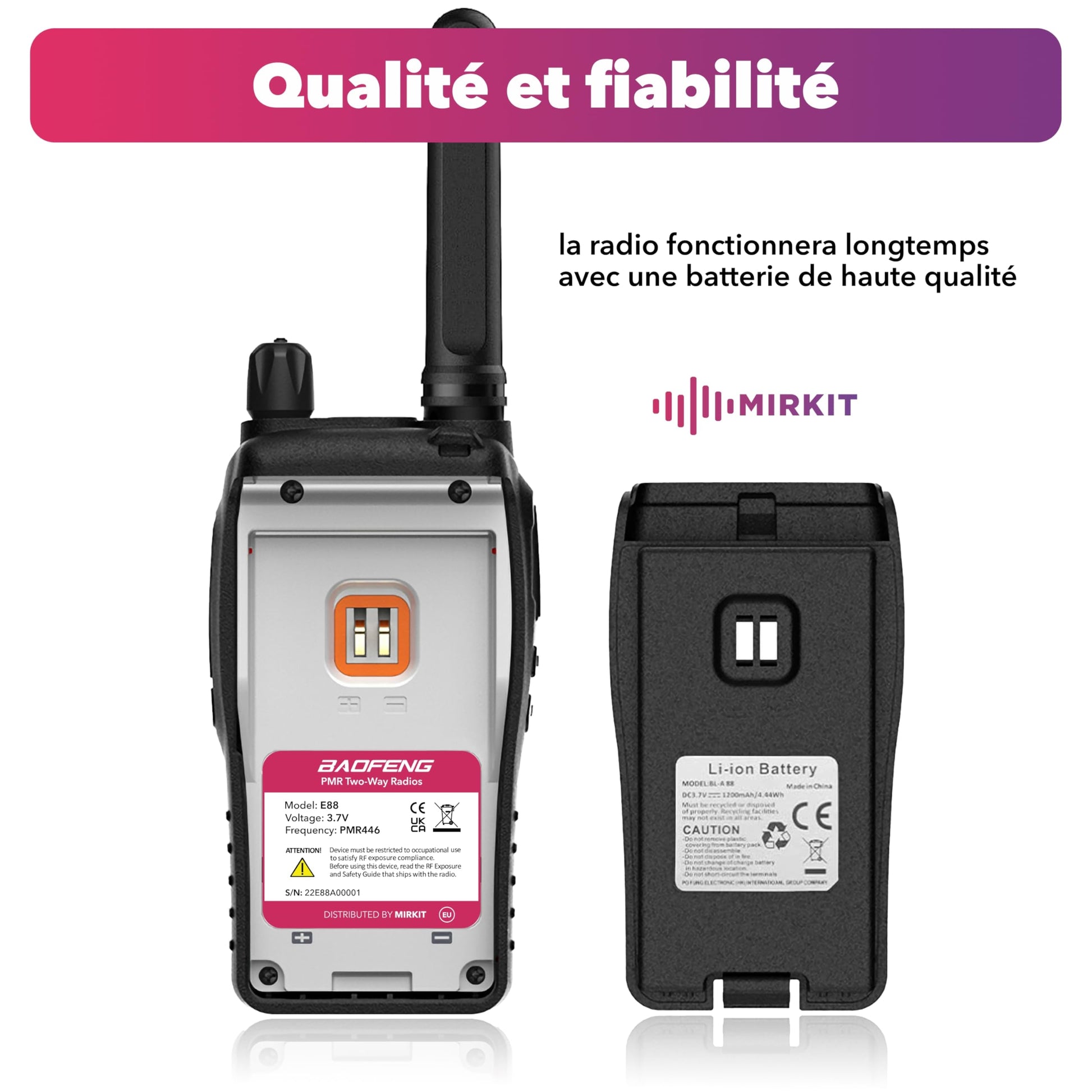 BAOFENG BF-88ST Talkie Walkie 2PCS Baofeng BF-E88 avec Grande Portée, Double Montre PMR446 Rechargeable à Large portée, avec écran LCD, VOX Double Surveillance, Chargeur de Bureau USB et oreillette