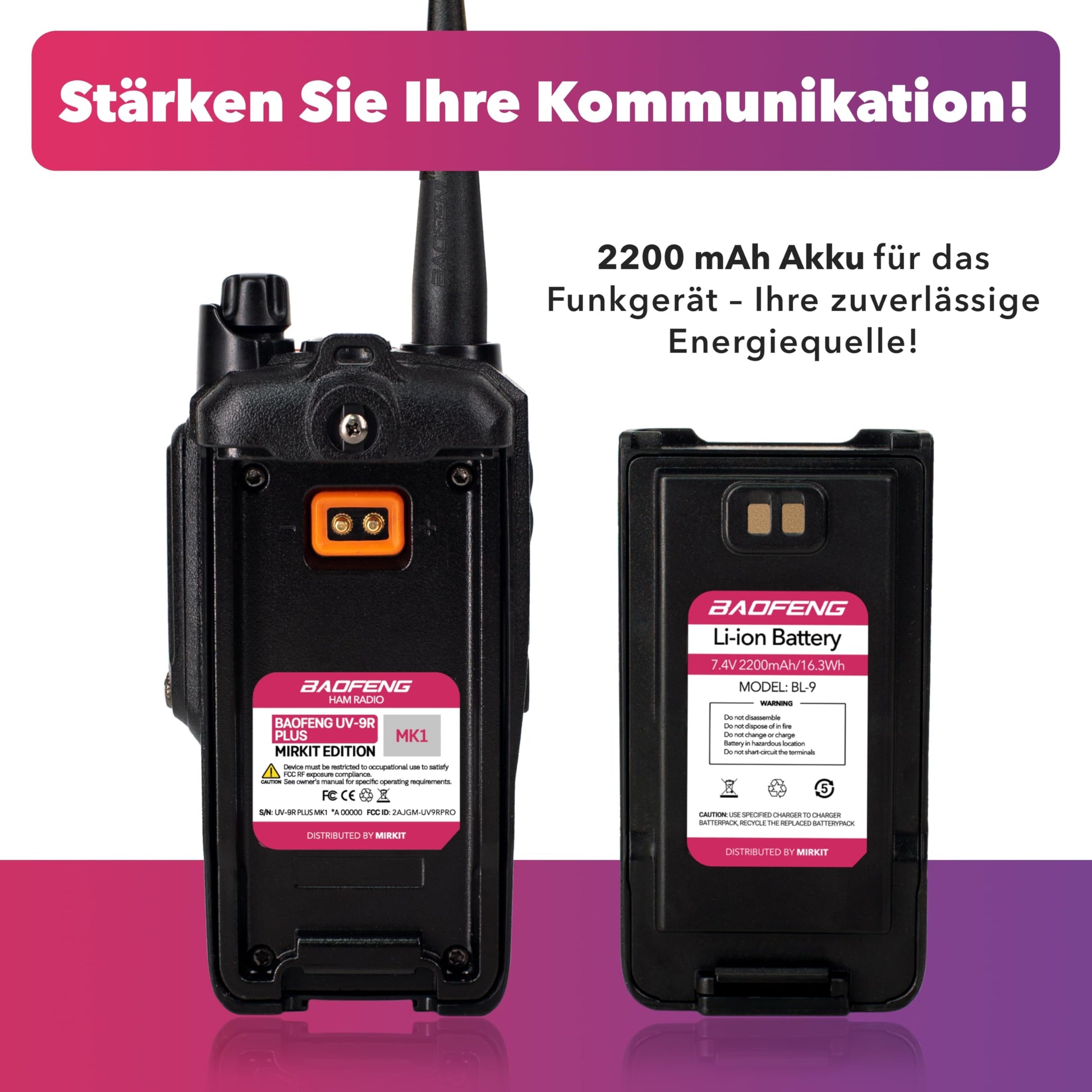 MIRKIT Radio étanche UV-9R Plus MK1 (UV-82 3e génération), MaxPower câble USB pour batterie double bande UV9R & 2200 mAh, IP67 Radio portable : poussière, froid & étanche