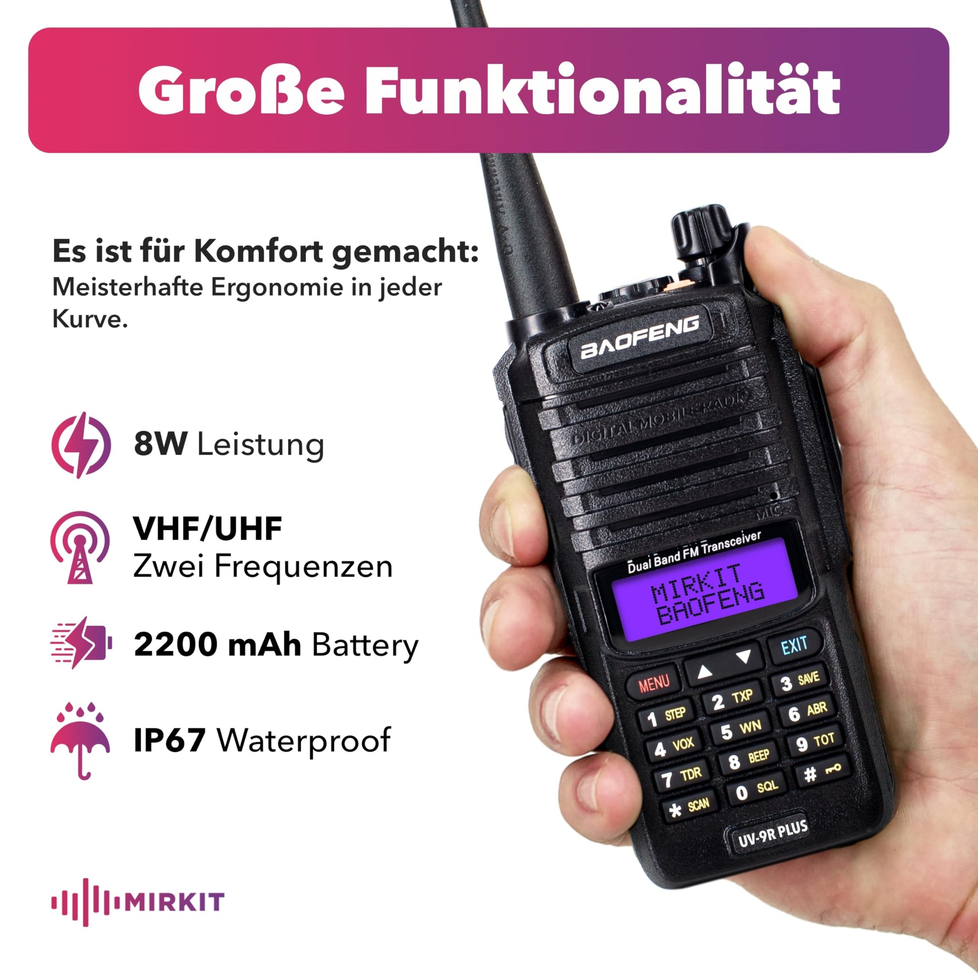 MIRKIT Radio étanche UV-9R Plus MK1 (UV-82 3e génération), MaxPower câble USB pour batterie double bande UV9R & 2200 mAh, IP67 Radio portable : poussière, froid & étanche