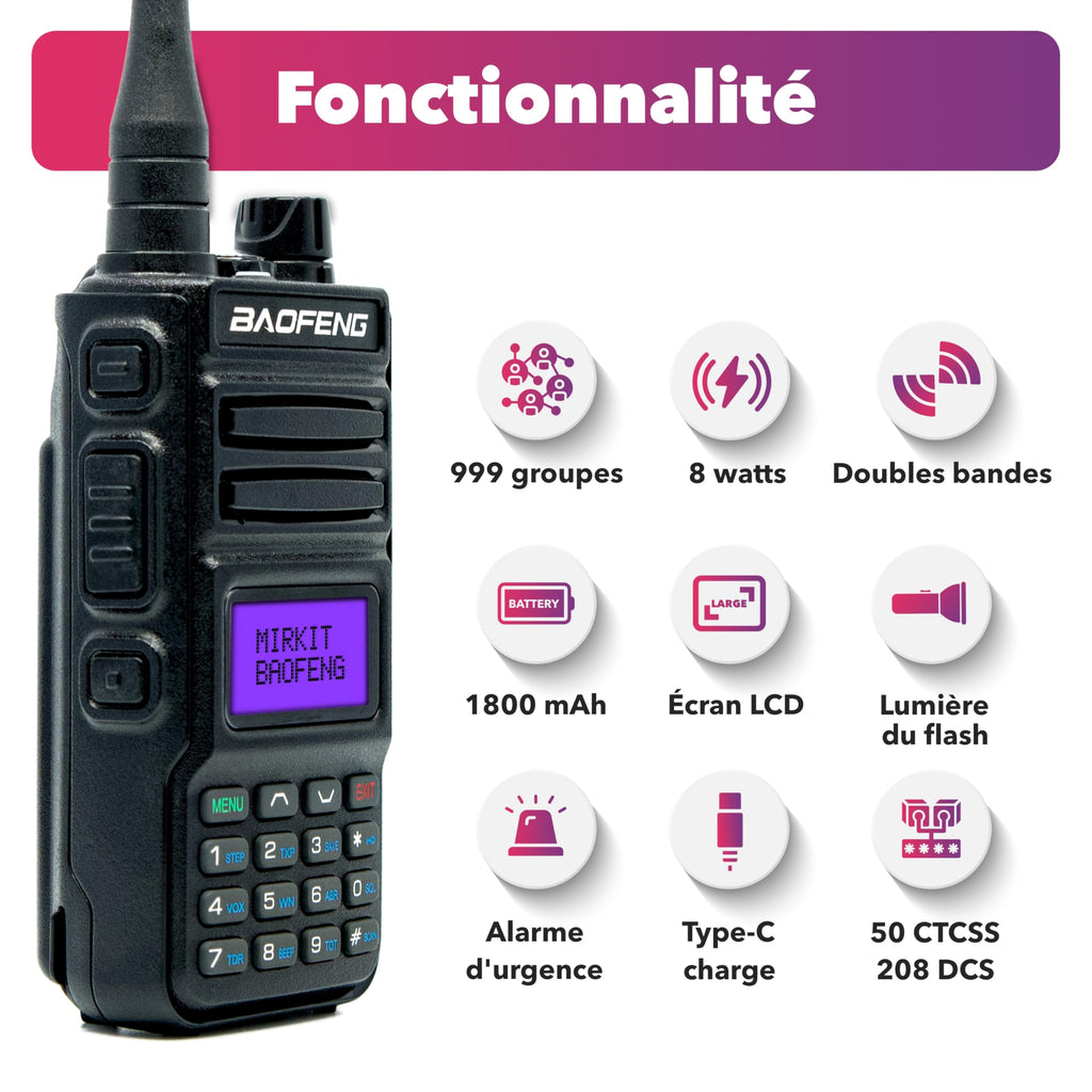 Talkie-walkie Baofeng RT15UV 5W 1800mAh, Port USB -C+ dragonne. UV-5R Nouvelle génération.