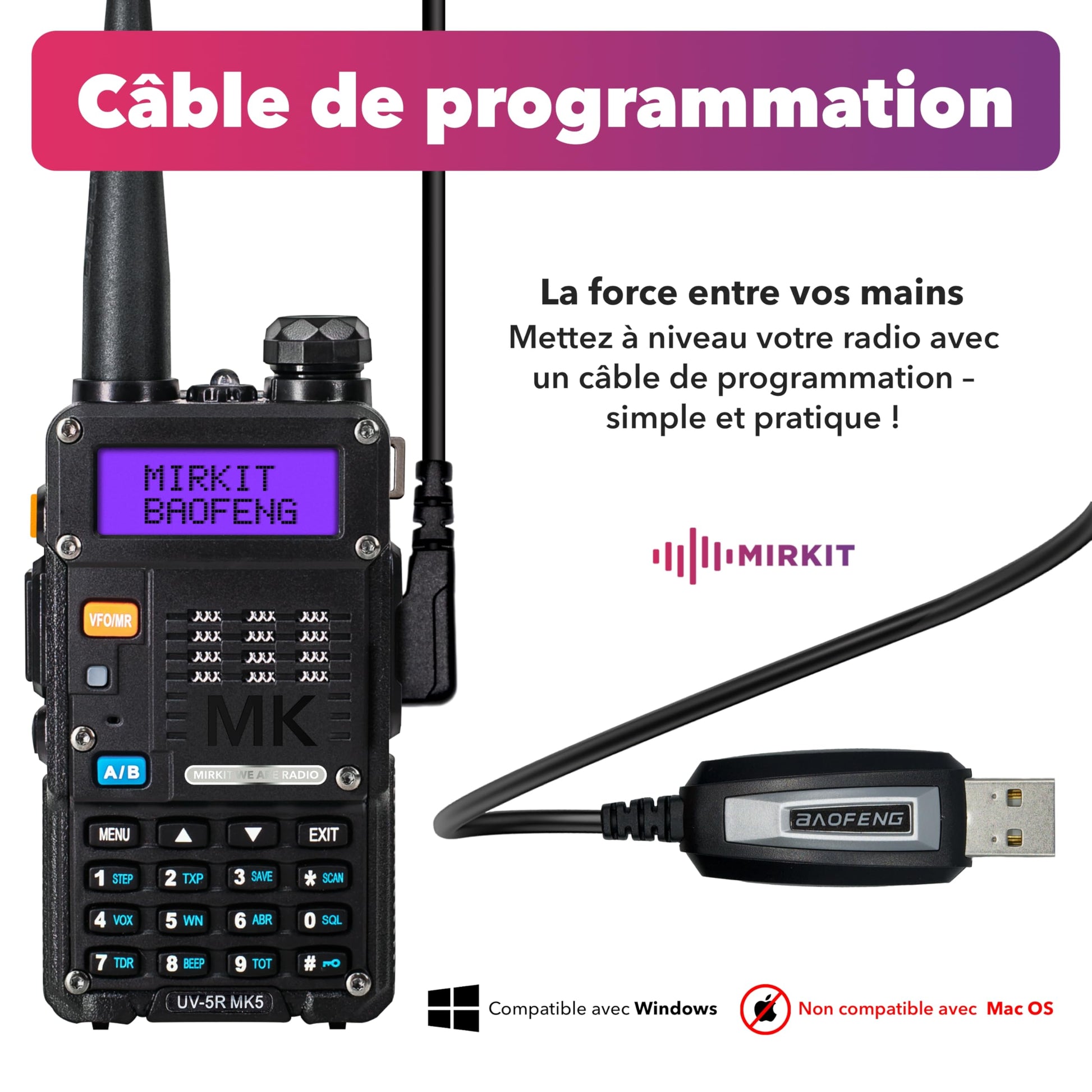2X BAOFENG MK5 8 Watt Max Power VHF/UHF Mirkit Edition 2025 Kit Complet Radio Amateur avec câble de Programmation Baofeng