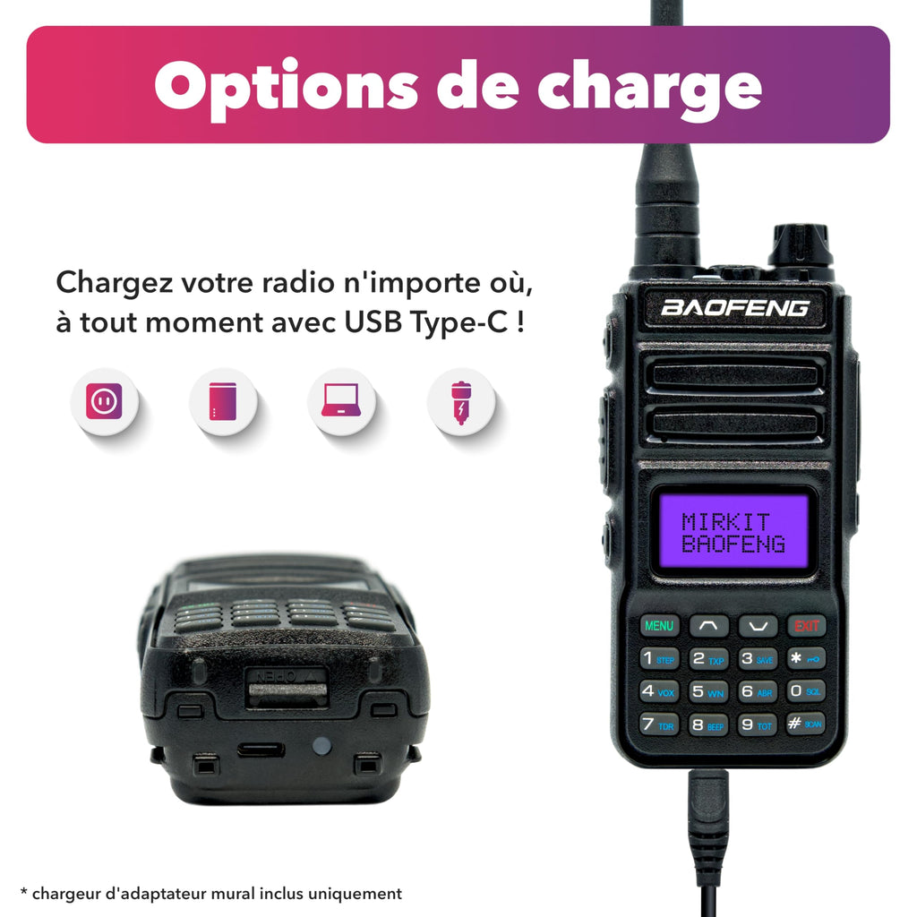 Talkie-walkie Baofeng RT15UV 5W 1800mAh, Port USB -C+ dragonne. UV-5R Nouvelle génération.