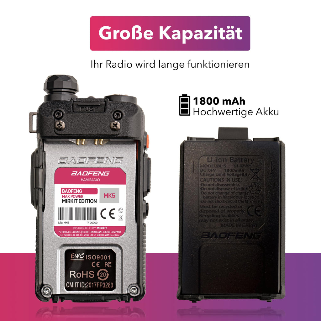 BAOFENG MK5 8W Mirkit Édition Puissance Maximale Talkie-Walkie Kit Complet Radioamateur avec Batterie Baofeng 1800mAh & Logiciel Mirkit 2025