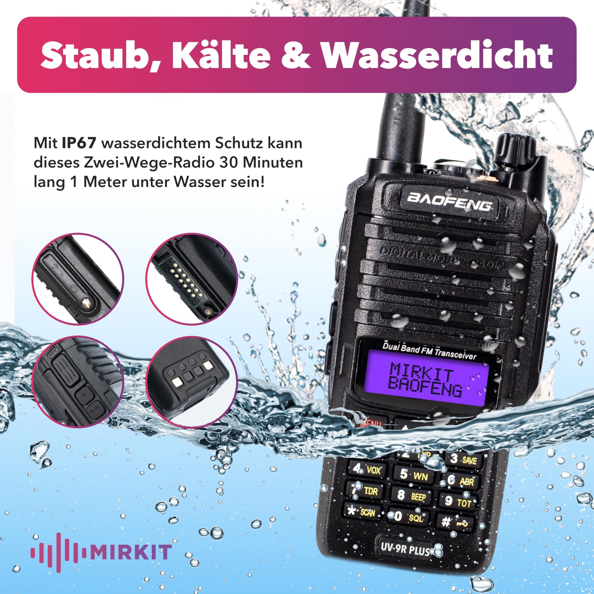 MIRKIT Radio étanche UV-9R Plus MK1 (UV-82 3e génération), MaxPower câble USB pour batterie double bande UV9R & 2200 mAh, IP67 Radio portable : poussière, froid & étanche